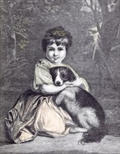 love me, love my dog. 1873, happiness; garden; little girl; pet; affectionate, darling; dear;