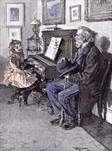 Girl at the piano in 1891, grandfather; old man; hat, walking stick; music, paintings, interior;