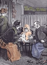 The babies first shoes, 1891, shoeshop, shoe seller; mother; grandmother; sneaker; fashion; family;
