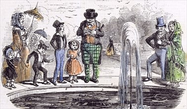 Holiday group in Hampton Court Gardens, London, 1843, holiday; fountain; break; vacation; long