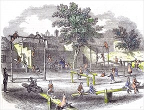 Gymnasia and play ground of the children of the infant school, gymnastic; athletics; gym class;