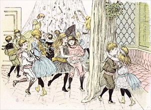 Children's affection in 1892 by Mars, kiss, interior; carnival; fancy ball; fun; joy; merry;