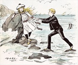 A Maiden in distress in Hastings Britain, 1892, Girls, sea side; rescue; holiday; boy; hats;