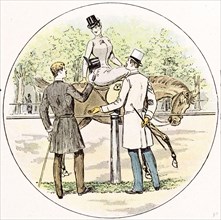 Lady on her horse in 1892, Britain, by Mars, horse riding; gentlemen; costume; fashion; hat; stick;