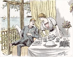 wedding anouncement in 1892 at the British seaside, love; happiness; wedding; engagement; family;