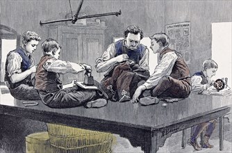 Little boy's home at Farningham, Britain, 1891. The Tailors shop,  the anniversary of the little