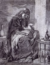 The first born baby by F. Goodall, 1862, young egyptian mother, egypt; costume of the east; Cairene