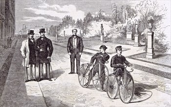 Bicycles in the garden of the Tuileries, Paris 1869, The emperor and the prince imperial in the