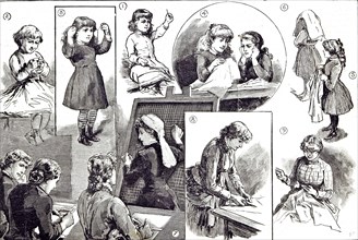 Child education, teaching needlework in 1883, infants needle drill; prepare to thread; threading;