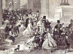 Children returning from the Christmas Pantomime, 1866, costume; dog; fancy dress; elegant; morning
