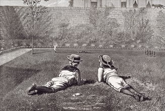 Our boys by Walter Severn, 1877, garden; wall, grass; hat; tin soldiers; tin gun; cat; scrubs;