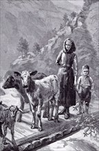 Norway, the Family cows by Sydney P. Hall, 1891, wooden bridge; mother; son; rural; farm; country