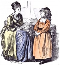 Girl and new Governess, Du Maurier, 1874, Britain, practice; holiday; piano; teaching; teacher;