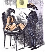 Boy and girl learning, 1873, practice; holiday; interior; education; at home; learning; culture;
