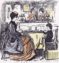 Governess and boy at the restaurant, 1873, suitcase; table; food; mineral water; hot luncheon;