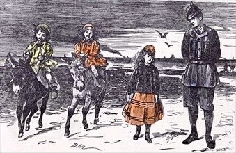 Donkey riding girls, 1873, missy; pony; outdoor; recreation; riding; ramble, weekend; adventure;