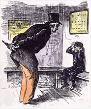 Hurt Boy, 1873, hitting; question; old man; eye and ear; bench; sitting; umbrella, interior; sad;