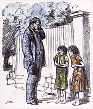 Begging children, 1873, incomplete education; shivering; man; street; unhappy; cold; unfair; fence;