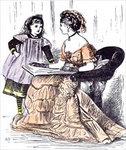 Sunday evening, girl and mother, 1874, book; reading; sitting; chair; at home; interior; mamma;