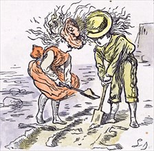 At the seaside, 1873, beach, sea, spade, holiday; weekend; wind; breeze; digging; hats