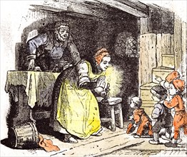 Telling a fairy tale, children, 1855, children, story; grandmother; at home; excitment; to bed;