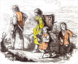 family coming back from the field, 1855, woman; man; mother; father; ma; jug; basket; fork; farm