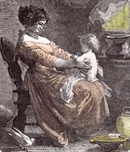 Mother and child by M. van Muyden, 1855, interior; washing; dressing; family; hapiness; warmth;