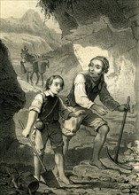 Landscape, 19th century, boy, man, horse, mountains, spade