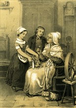 Girl, boy, lady, spinning wheel, flowers, 19th century, clock, cupboard, marianne, chair, cat