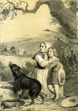 Child, dog, 19th century, woman, hat, country side, tree, horses