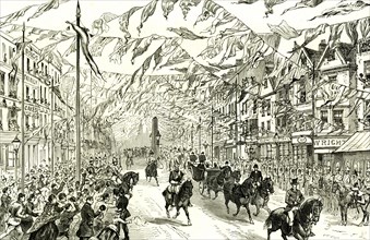Whitechapel, London, U.K., 1887, Royal procession in High street, East London, horses, people,