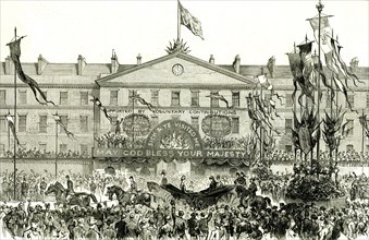 Whitechapel, London, U.K., 1887, the Royal procession passing the London hospital, may god bless