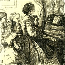 Mama at the piano; U.S.A.; teaching little songs; to little ones who are to sing them; 1866; United