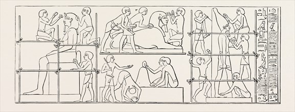 OLD EGYPTIAN REPRESENTATION OF THE MAKING OF TWO STATUES AND A SPHINX.  Egypt, engraving 1879
