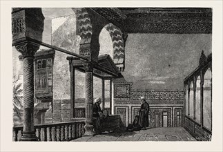 OPEN HALL IN AN OLD MAMELUKE PALACE AT CAIRO.  Egypt, engraving 1879