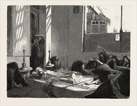 BEWAILING THE DEAD.  Egypt, engraving 1879