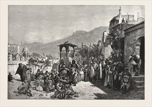 DISTRIBUTION OF DATES IN A CEMETERY AT CAIRO
Egypt, engraving 1879