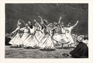 ZIKR WITH WHIRLS. Dhikr or Zikr is an Islamic devotional act,  Egypt, engraving 1879