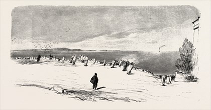 WAITING FOR THE PILGRIM SHIP NEAR SUEZ. Egypt, engraving 1879