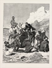 A FIRST RIDE ON A CAMEL.  Egypt, engraving 1879