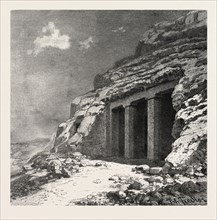 Entrance of the tomb at Beni Hasan. Egypt, engraving 1879