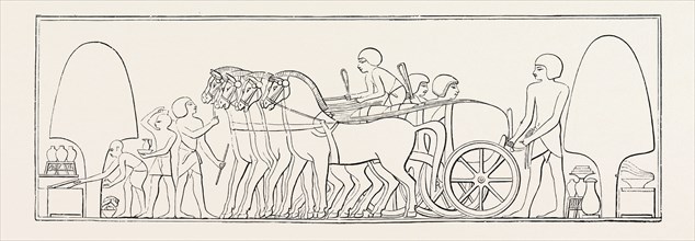 FOUR-HORSE CHARIOT OF A PRIVATE PERSON FROM ABD-EL-KURNAH. Egypt, engraving 1879