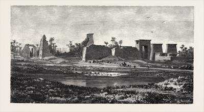 THE SOUTH PYLON AND SACRED LAKE OF KARNAK. Egypt, engraving 1879