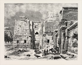 Interior in the temple of Medinet Haboo. Egypt, engraving 1879