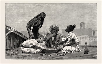 FELLAHEEN AT MEALS. Egypt, engraving 1879