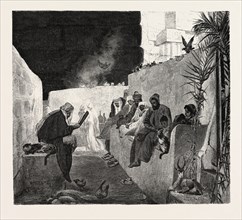READING THE KORAN IN AN ANCIENT TEMPLE. Egypt, engraving 1879