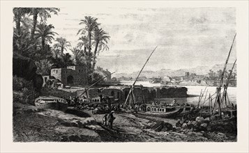 Port of Assouan. Egypt, engraving 1879