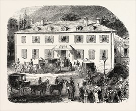 Arrival of the Empress at Government House. Eaux-Bonnes, Pyrenees-Atlantiques, France. engraving