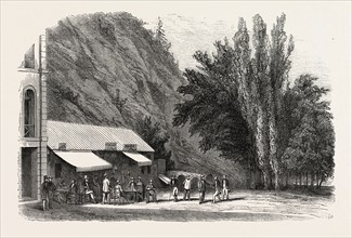 The English Garden and coffee house Dorothee. Eaux-Bonnes, Pyrenees-Atlantiques, France. engraving