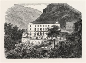 Establishment of Hot Springs, France. engraving 1855